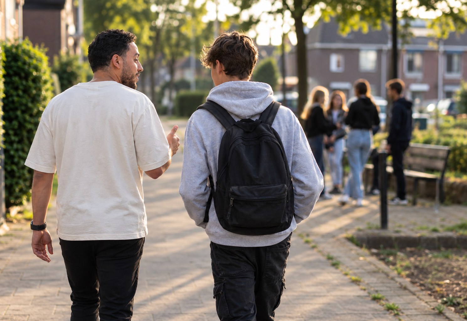 Een begeleider loopt in gesprek met een jongere weg bij een groep op straat